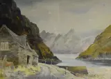 Mountainous landscape with lake and stone by Edwin Grieg Hall, watercolour, offered Jul 2025