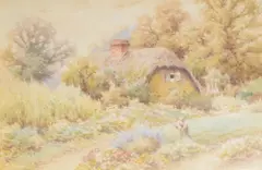 Thatched cottages with figures by William Carter, watercolor, offered Jul 2025