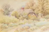 Thatched cottages with figures by William Carter, watercolor, offered Jul 2025