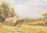 Bygone harvest scene by M Watson, oil on board, offered Jul 2025
