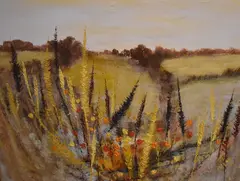 A large 1970's oil on board, wheat fields with poppies by George Craig Spence, oil on board, offered Jun 2025