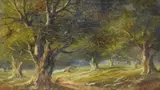 Woodland scene with figure and dwelling by John Enoch Brookes, oil on canvas, offered Jun 2025