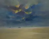 Coastal beach scene with figures by Kevin Stanley, oil on board, offered Jun 2025
