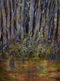 Abstract woodland scene by Jennifer M Wheten, acrylic on board, offered Jun 2025