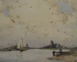 Dutch waterway with boats by John Ernest Aitken, watercolour, offered Jun 2025
