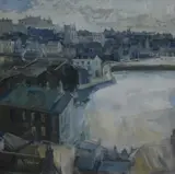 St Ives at Daybreak' a view of the town and harbour by Tom Wanless, gouache, offered Jun 2025