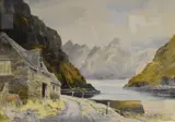 Mountainous landscape with lake and stone by Edwin Grieg Hall, watercolour, offered Jun 2025