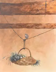 Building the Nest' overpainted in clear varnish by Ron Bone, 1994, acrylic on board, offered Jun 2025