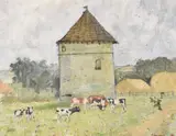 Agricultural scene with grazing cattle by May Wilson, oil on canvas, offered Jun 2025