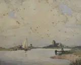 Dutch waterway with boats by John Ernest Aitken, watercolour, offered May 2025