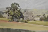 Rural village scene with church by Kathleen Bibby, watercolour, offered May 2025