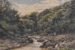 Rocky edged stream scene by Robert Rampling, watercolour, offered May 2025