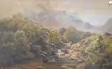 Figure fishing within a lakeland landscape by James Whaite, watercolour, offered May 2025