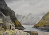 Mountainous landscape with lake and stone by Edwin Grieg Hall, watercolour, offered May 2025