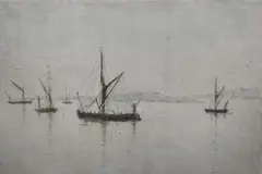 Sailing Barges at Chatham' limited edition etching on paper by Michael Blaker, etching on paper, offered May 2025