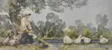 Washerwoman and Geese by E Sturgeon, print, offered May 2025