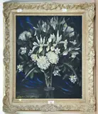 Flowers with Blue Curtain' signed lower left, wwithin an ornate moulded part gilt frame, entitled to artists label verso 49cm x 39cm & 64cm x 54cm overall by Doris Macdonald, oil on board, offered May 2025