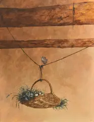 Building the Nest' overpainted in clear varnish by Ron Bone, 1994, acrylic on board, offered May 2025