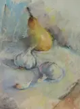 Still life garlic and pear by Vesela Sultanova 'VesA', pastel on paper, offered May 2025