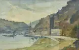 St Goarshausen' German river town scene by George Wright, oil on canvas, offered May 2025