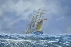 Stern of a three masted barque in stormy seas by Edward D. Walker, oil on canvas, offered May 2025
