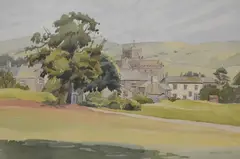 Rural village scene with church by Kathleen Bibby, watercolour, offered Apr 2025