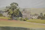 Rural village scene with church by Kathleen Bibby, watercolour, offered Apr 2025
