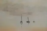 Anchored boats on calm waters by Donald Blades, 1980, oil, offered Apr 2025