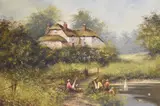 Idyllic rural scene with thatched cottage and children by Les Parson, oil on canvas, offered Apr 2025