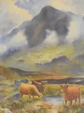 Scottish Highland scene with cattle by G.H Platt, watercolour, offered Apr 2025