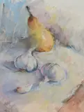 Still life garlic and pear by Vesela Sultanova 'VesA', pastel on paper, offered Apr 2025