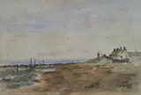 English school watercolour on paper, depicting a seaside scene with houses and pebble beach, within beige mount and decrative gilt frame, under glass by C B Forbes, watercolour on paper, offered Apr 2025