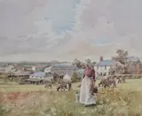 Castle Hill Farm-Saxton' agricultural scene with milk maid and cattle by John Cecil Lund, watercolour, offered Apr 2025