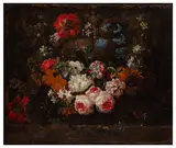 Still life of flowers against an ornamental stone c by Gaspar Peeter Verbruggen II, oil on canvas, sold Apr 2026