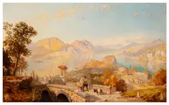 Mediterranean scene, possibly a view from Bellagio over Lake Como signed, dated and numbered 'James Baker Pyne, 1866, No by James Baker Pyne, oil on canvas, sold Apr 2026