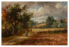 Figures in a landscape by Joseph Thors, oil on board, sold Apr 2026