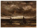 Fishing boats in stormy weather by Hendrik Willem Mesdag, oil on canvas, offered Apr 2026