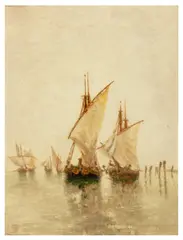 Fishing boats on the Lagoon by Clara Montalba, oil on canvas, sold Apr 2026