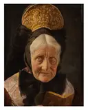 A lady in an elaborate bonnet by Carl Heuser, oil on panel, offered Apr 2026