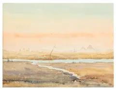 Egyptian topographical views by Nigel Lovett, watercolor, offered Apr 2026