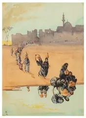 Egyptian ladies collecting water by Nigel Lovett, watercolour and black, offered Apr 2026