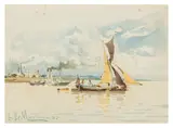 Fishing vessels and a steam ship by Eduardo de Martino, watercolour on paper, offered Apr 2026