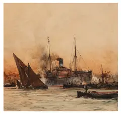 Cunard liner amongst busy shipping by Charles Dixon, watercolour, sold Apr 2026