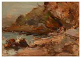 Figures on a Beach by Walter Graham Grieve, oil on board, sold Mar 2026