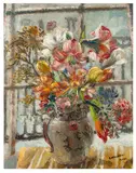 Still life of flowers by the window by Cathleen Sabine Mann, oil on canvas, sold Mar 2026