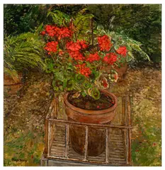 Geraniums by Olwyn Bowey, oil on board, sold Mar 2026