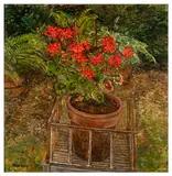 Geraniums by Olwyn Bowey, oil on board, sold Mar 2026
