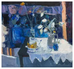 Blue and White Still Life by Sheila Macmillan, oil on canvas, sold Mar 2026