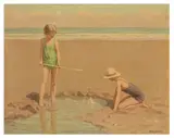 Girls on the Beach by Frank Jameson-Smith, oil on canvas, sold Mar 2026