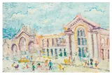 Urban scene with figures by Simeon Stafford, oil on board, sold Mar 2026